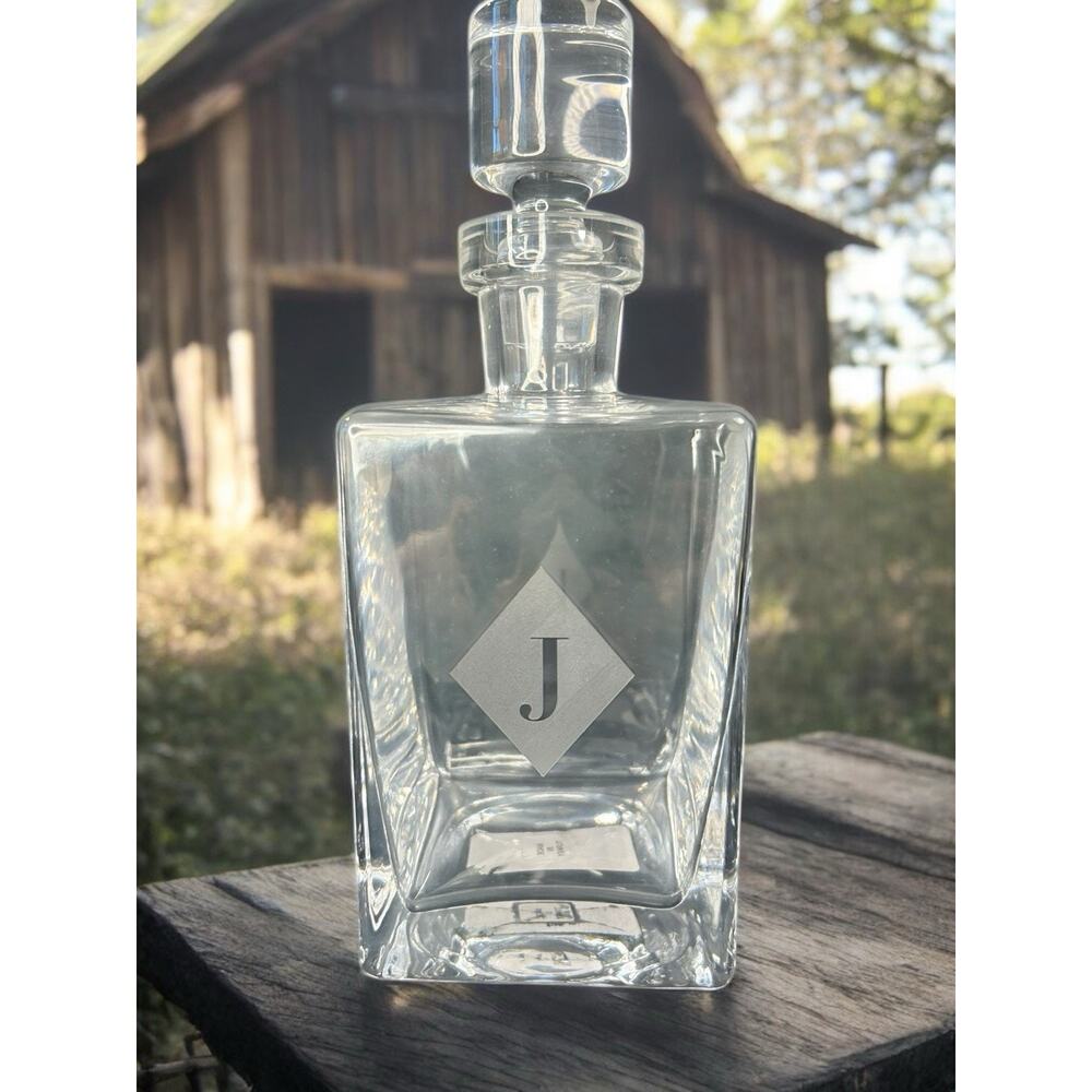 Vtg- Heavy Clear Hand Blown Glass Rectangular DECANTER W/ J Initial Engraved